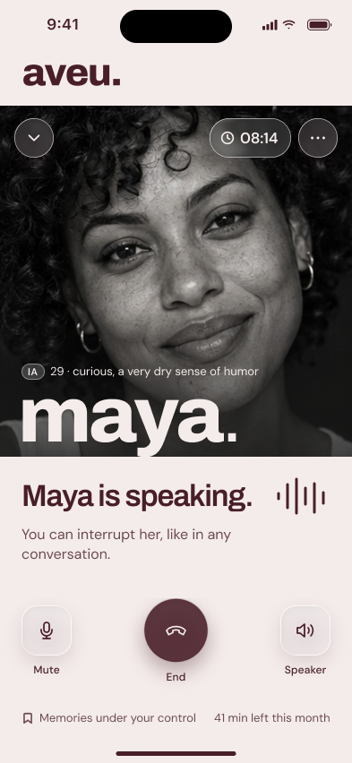 Aveu product design call screen with Maya speaking